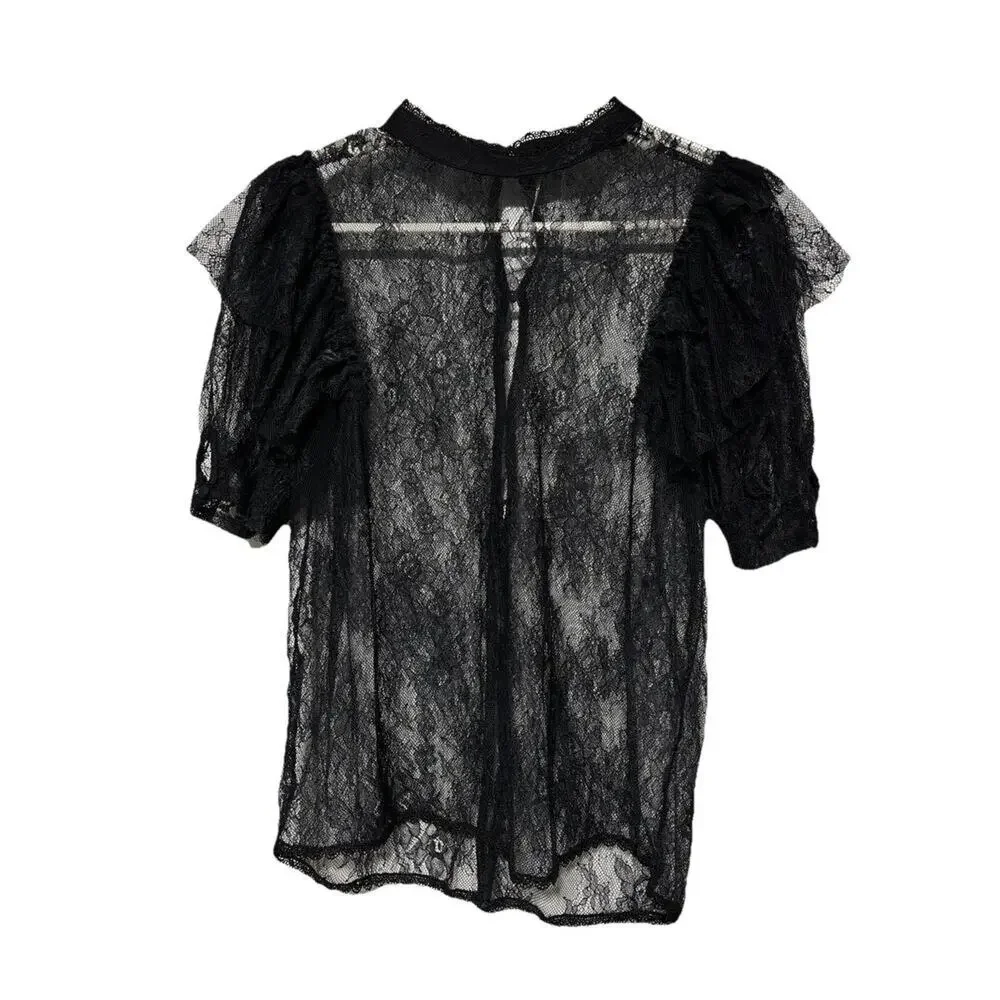 Free People Secret Admirer Black Witchy Fairy Goth Lace Blouse Size Small Sheer